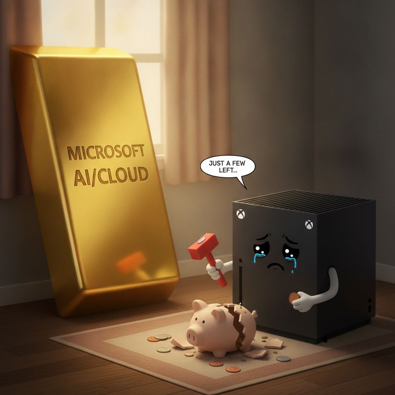 AI와 클라우드는 돈을 쓸어담고, Xbox는 빈 저금통을 들고 한숨 쉬는 그림