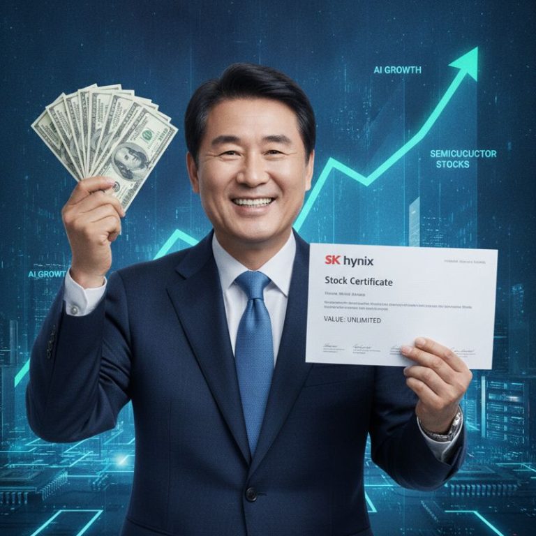 최태원 회장이 SK하이닉스 주식을 들고 기뻐하는 이미지. 배경은 성장하는 AI·반도체 시장 그래프.