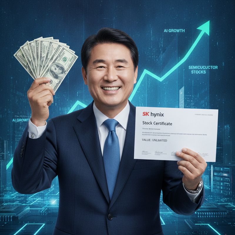 최태원 회장이 SK하이닉스 주식을 들고 기뻐하는 이미지. 배경은 성장하는 AI·반도체 시장 그래프.