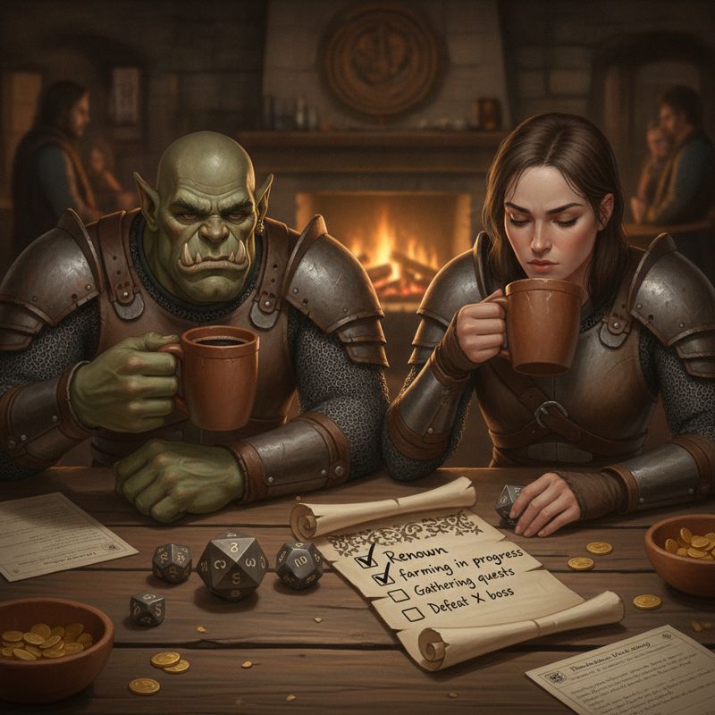 와우 캐릭터들이 D&D 주사위를 굴리며 또다시 레나운을 파밍하는 모습