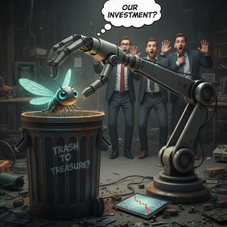 AI 로봇 팔이 서랍에서 반딧불 캐릭터를 꺼내고, 당황한 투자자들이 뒤에서 지켜보는 장면