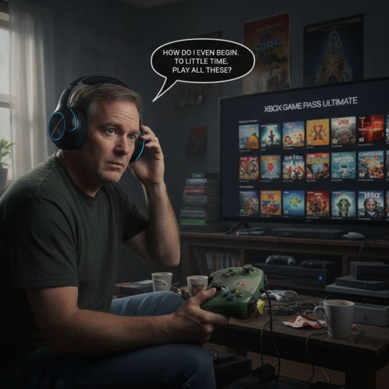 중년 남성이 Xbox 게임패스 카탈로그를 보며 난감해하는 모습