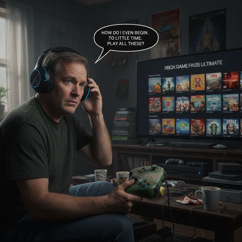 중년 남성이 Xbox 게임패스 카탈로그를 보며 난감해하는 모습
