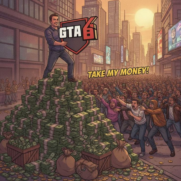 GTA 6 로고를 든 개발자가 돈다발 위에 앉아 있고, 팬들이 지갑을 들고 달려오는 모습