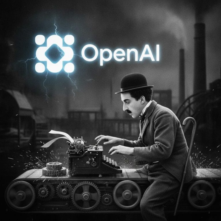 찰리 채플린이 급하게 일하는 모습과 OpenAI 로고가 결합된 밈