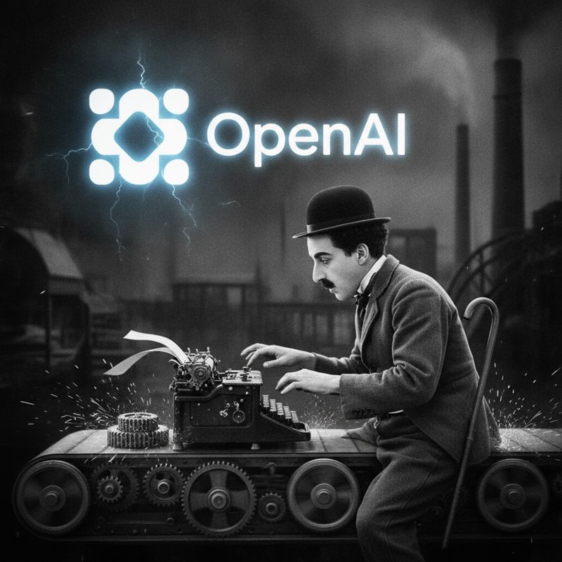 찰리 채플린이 급하게 일하는 모습과 OpenAI 로고가 결합된 밈