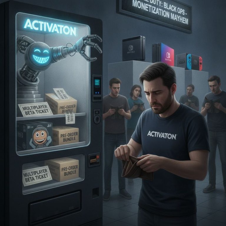 지갑을 연 Call of Duty 팬과 그것을 노려보는 Activision 자판기 일러스트