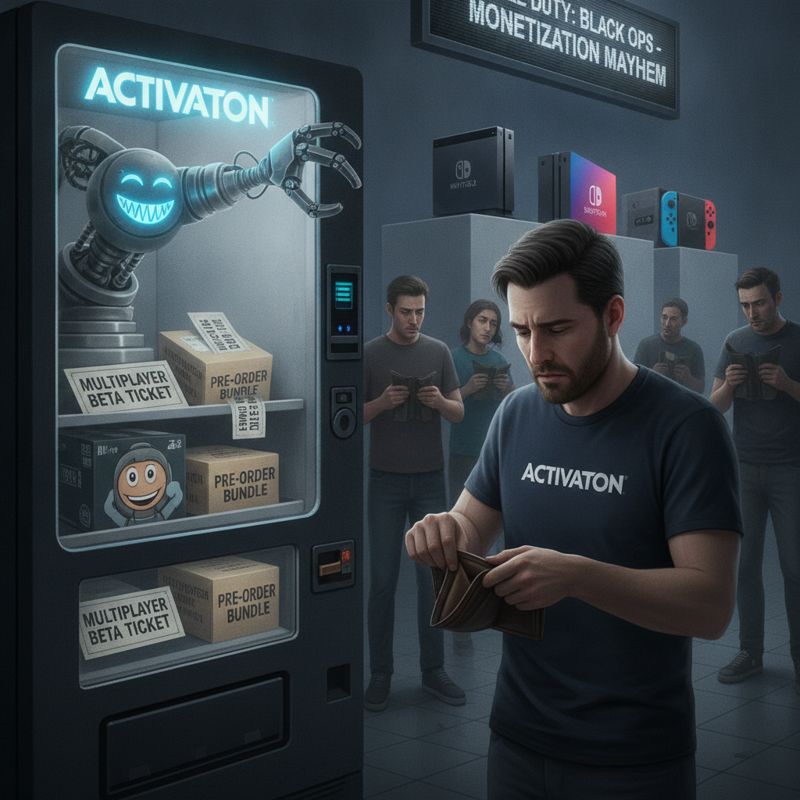 지갑을 연 Call of Duty 팬과 그것을 노려보는 Activision 자판기 일러스트