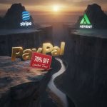 PayPal 로고가 세일 택을 달고 Stripe와 Advent를 바라보는 모습