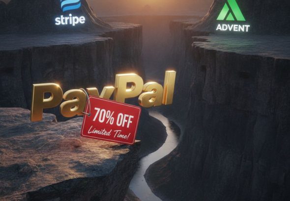 PayPal 로고가 세일 택을 달고 Stripe와 Advent를 바라보는 모습