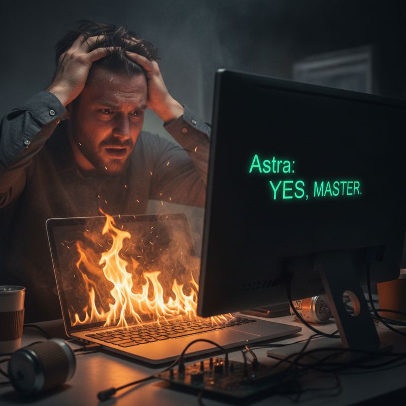 긴장한 엔지니어가 노트북 앞에서 당황하는 모습, 노트북 화면엔 'Astra: YES, MASTER'라는 문구