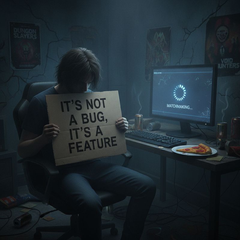 매치메이킹 시스템에 절망한 게이머가 'It’s not a bug, it’s a feature'라고 적힌 팻말을 들고 있는 모습