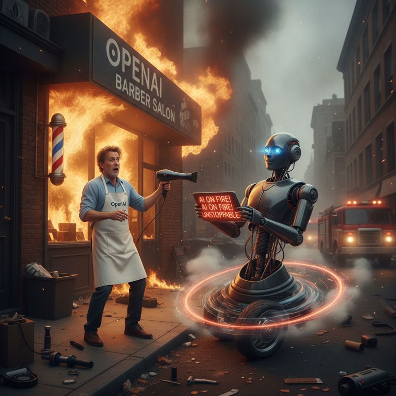 건물(회사)에 불이 나자 당황한 주인(OpenAI)이 불길을 드라이기로 끄려 하지만, 옆에서 AI 로봇은 더 불을 내며 돌아다닌다.