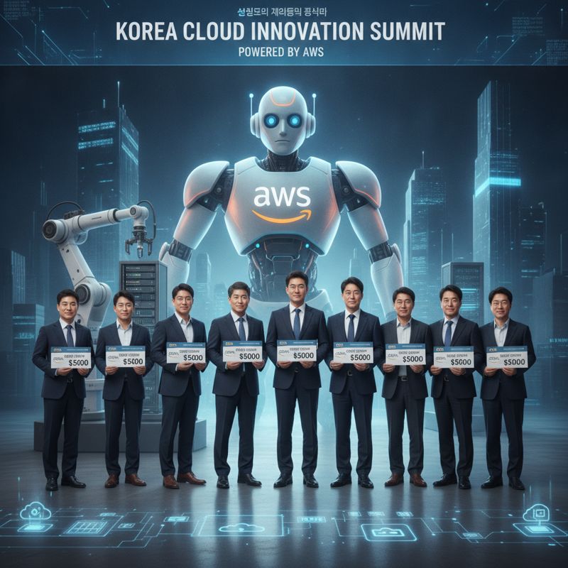 AWS 로고 앞에 선 한국 기업 관계자들과 로봇, 모두 AWS 크레딧을 들고 있다.