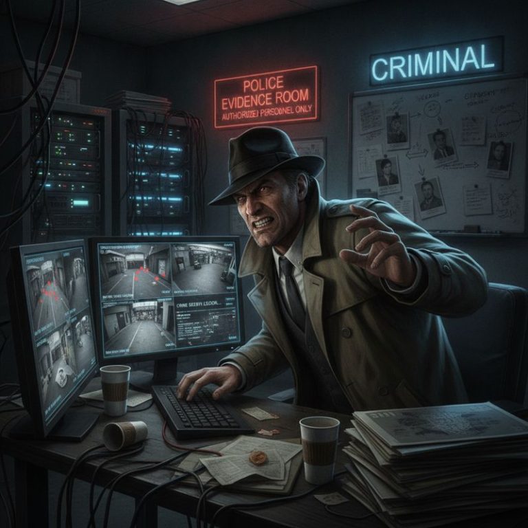 형사 복장의 GTA 캐릭터가 커다란 CCTV 화면과 서버랙 앞에서 단서(레코드)를 찾는 모습