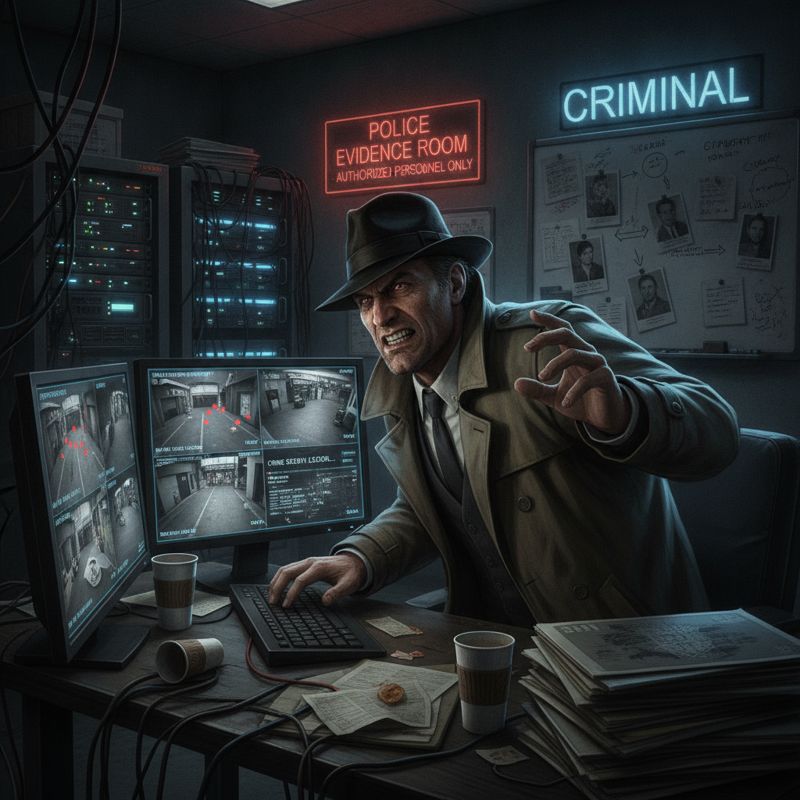 형사 복장의 GTA 캐릭터가 커다란 CCTV 화면과 서버랙 앞에서 단서(레코드)를 찾는 모습