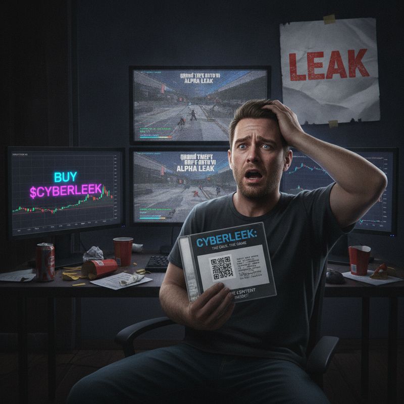 GTA 6 주인공 Jason이 플레이 영상 유출 소식을 보고 경악하는 장면. 옆에는 코드만 들어있는 게임박스와 $CYBERLEEK 코인 광고, Leek 프린트물 등이 어지럽게 놓여 있음.