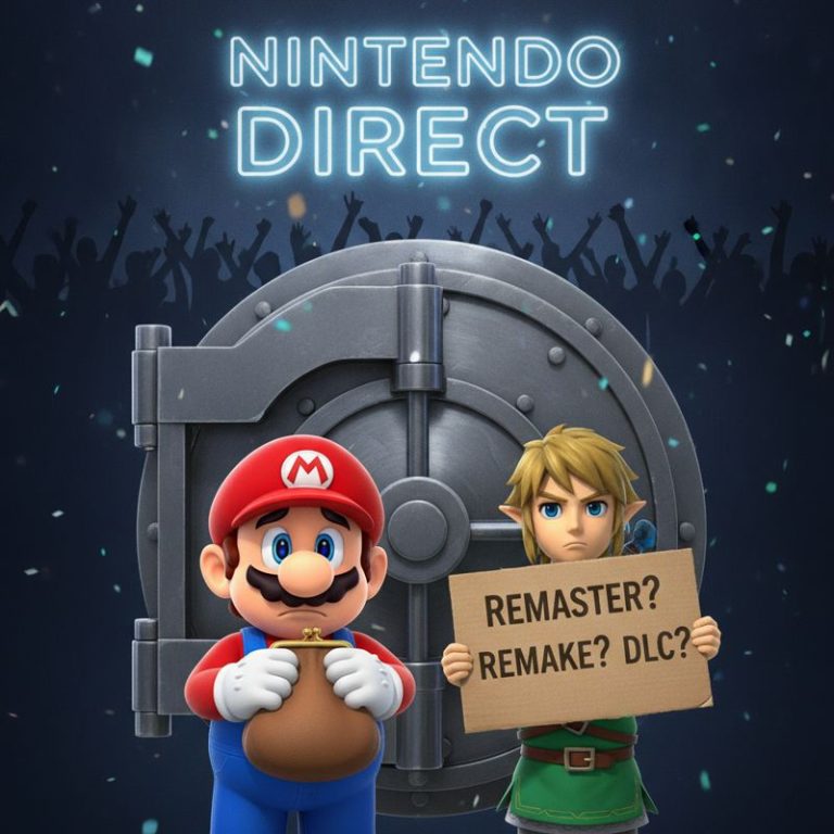 마리오는 닫힌 지갑을 들고, 링크는 '리마스터? 리메이크? DLC?'가 적힌 팻말을 들고 Nintendo Direct 무대를 바라보는 모습