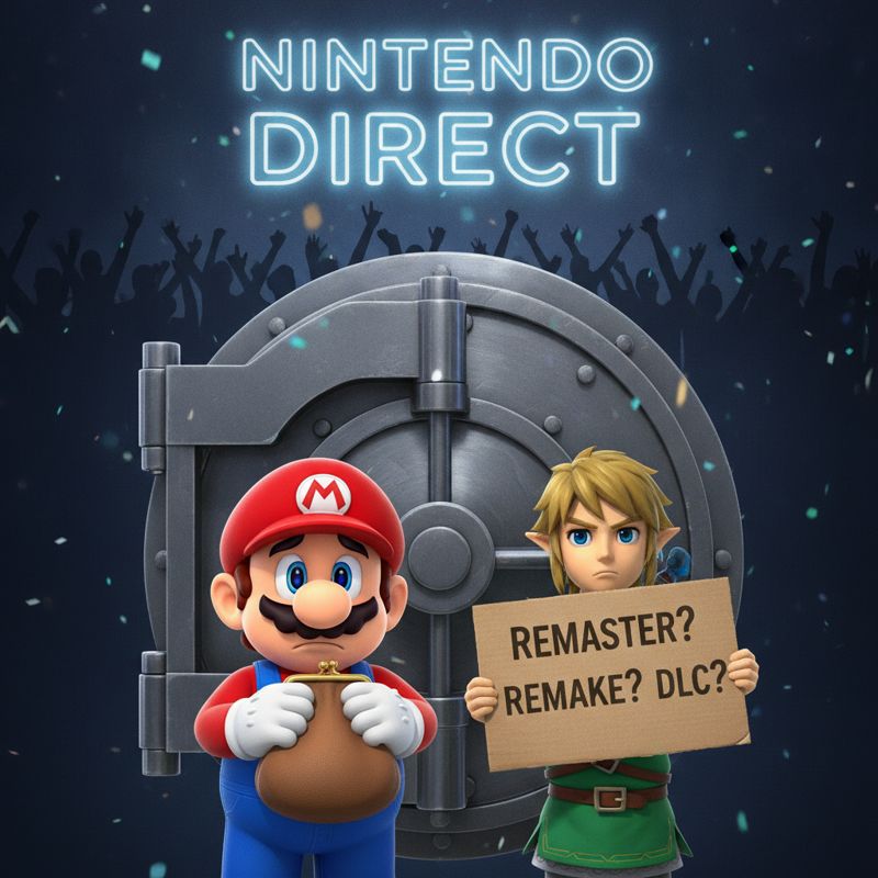 마리오는 닫힌 지갑을 들고, 링크는 '리마스터? 리메이크? DLC?'가 적힌 팻말을 들고 Nintendo Direct 무대를 바라보는 모습