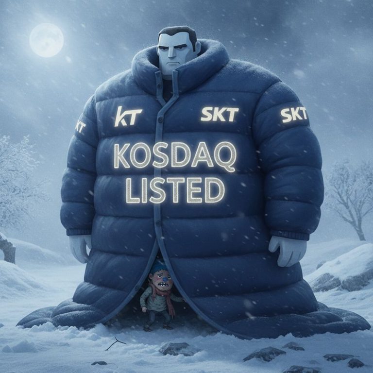 추운 겨울, 작은 스타트업 캐릭터가 대기업 외투 속에 들어가는 만화