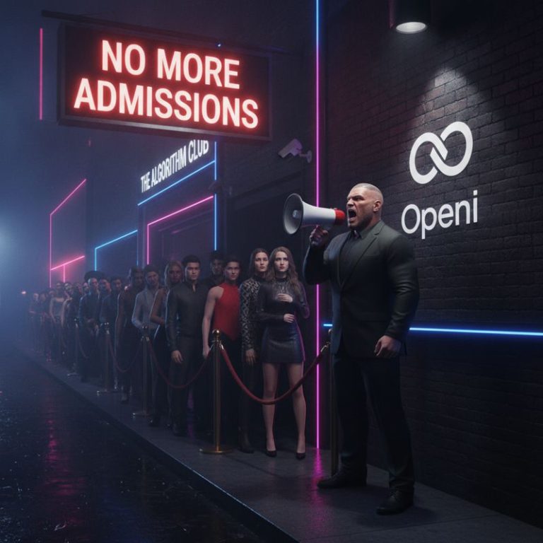 OpenAI 로고가 붙은 입구에서 줄 선 사람들을 막는 경비원
