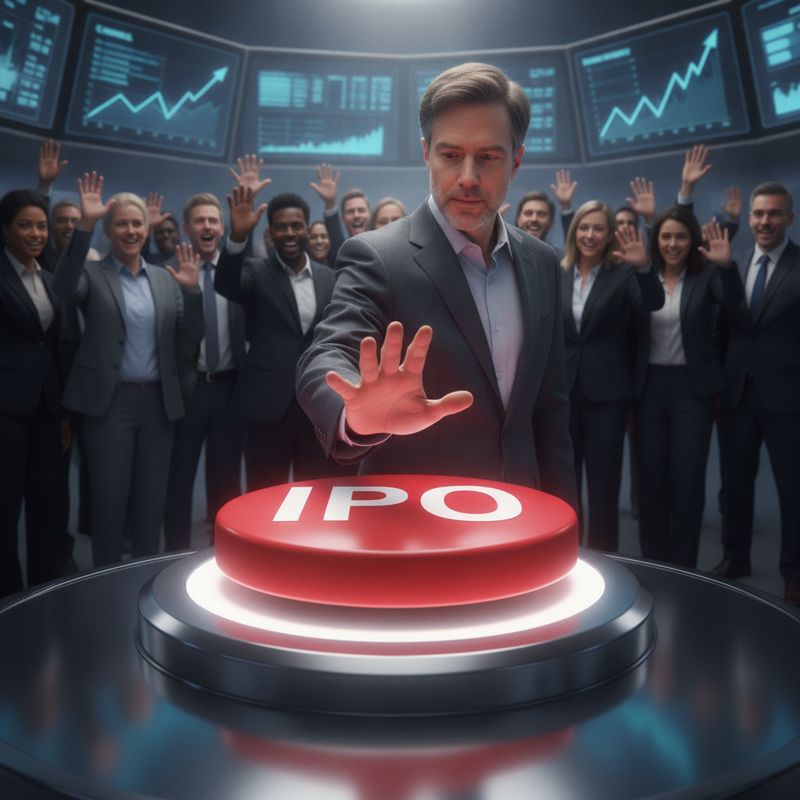 삼 알트먼이 IPO 버튼을 누르려다 망설이는 모습과 뒤에서 실망한 투자자 무리