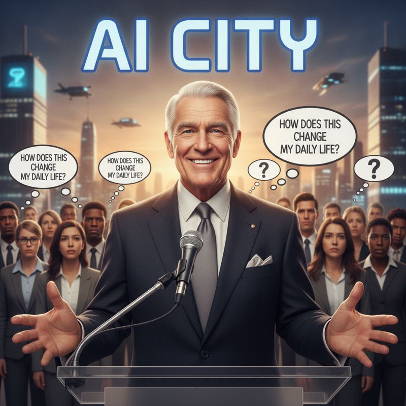 AI 도시에 대한 화려한 발표를 듣는 무표정한 시민들