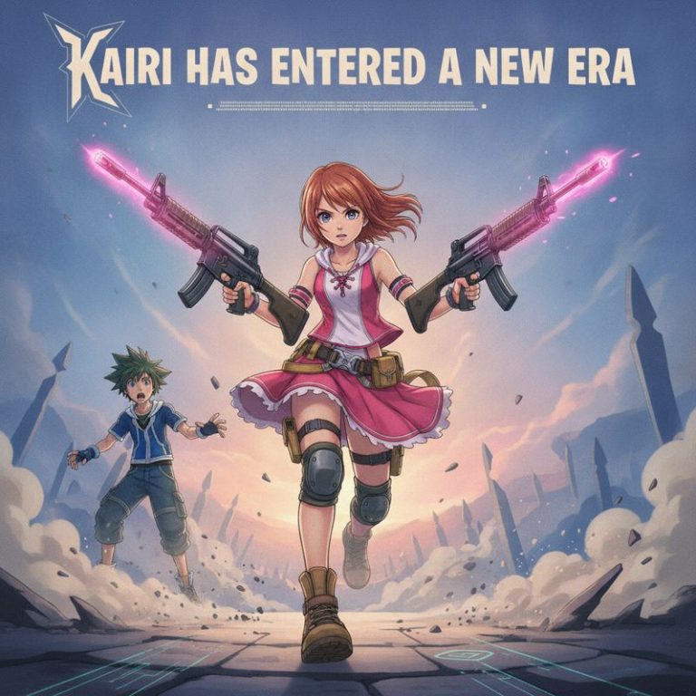 총을 든 강인한 표정의 Kairi, 뒤에는 놀란 Sora와 Riku