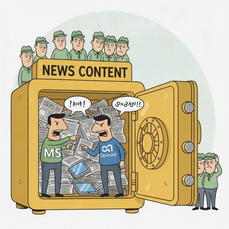 금고 안에서 서로 도둑이라고 고함치는 MS와 OpenAI 캐릭터, 뒤엔 멀뚱히 지켜보는 신문사 직원들