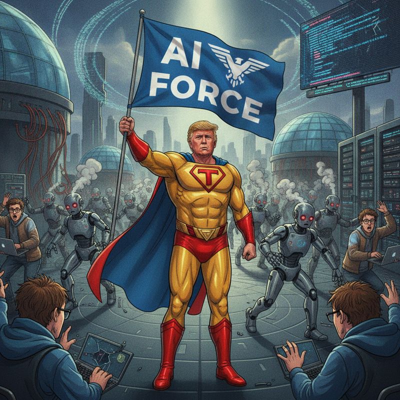 슈퍼히어로 복장의 트럼프가 'AI FORCE' 깃발을 들고 로봇들과 개발자들 앞에 서 있는 장면