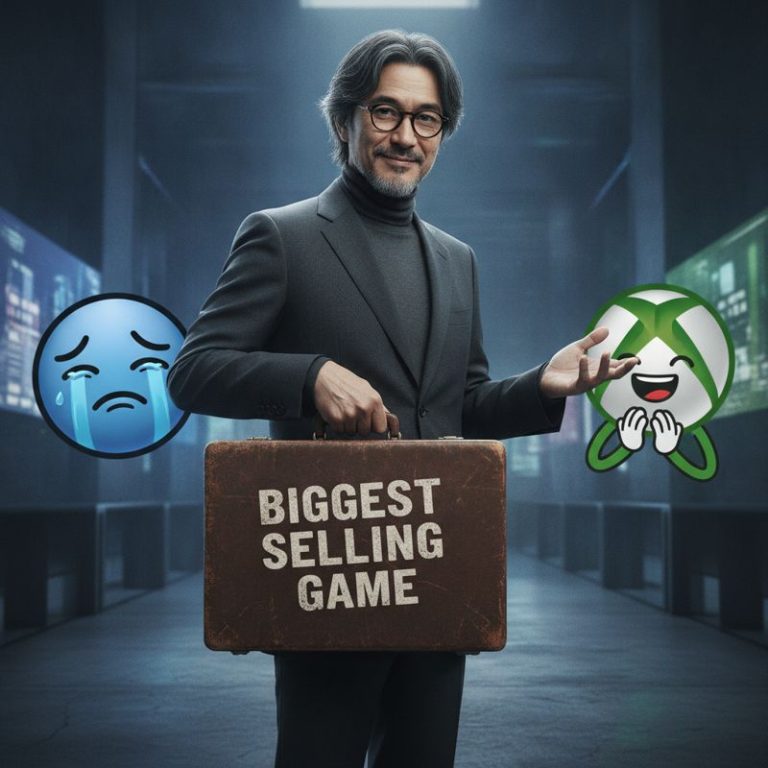 코지마가 커다란 '빅세일' 서류가방을 들고 Xbox와 소니 사이에 서 있는 풍자 밈