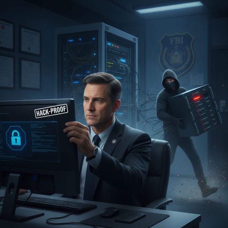 FBI 요원이 해킹 방지 스티커를 붙이지만 뒤에서 해커가 서버를 훔쳐가는 만화 이미지