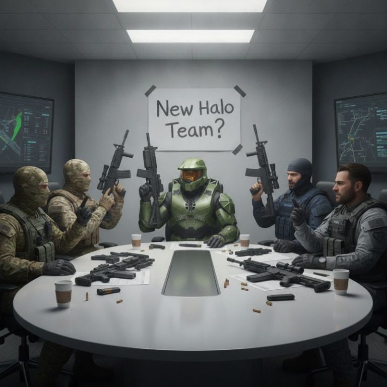 마스터 치프와 콜 오브 듀티 병사들이 회의실에서 총자랑 중인 장면, 벽에는 'New Halo Team?'
