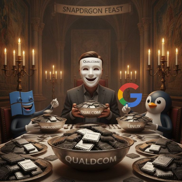 퀄컴, MS, 구글, 리눅스 펭귄이 한 테이블에 앉아 같은 칩을 먹는 풍자 장면