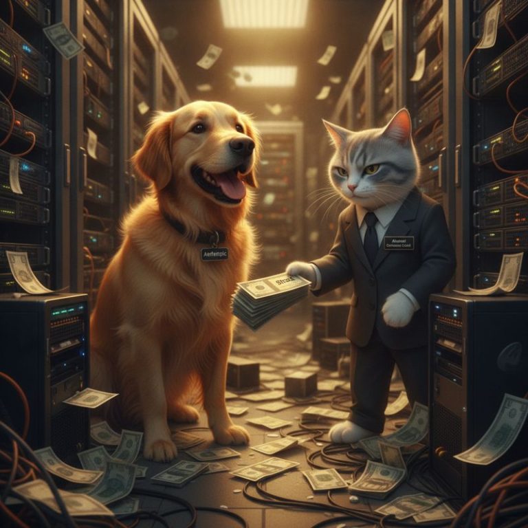 강아지(Anthropic)가 현금을 건네고, 고양이(Akamai)는 주식 티켓을 주는 서버룸 풍경