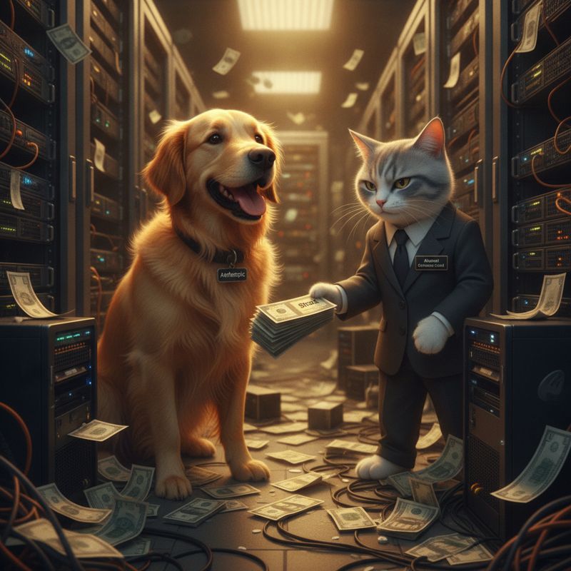 강아지(Anthropic)가 현금을 건네고, 고양이(Akamai)는 주식 티켓을 주는 서버룸 풍경