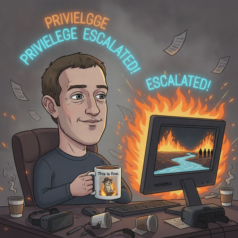 마크 저커버그가 불타는 사무실에서 'This is fine.'이라고 말하며 커피를 마시는 모습과 그 옆에 'Privilege Escalated!' 라는 문구가 보임