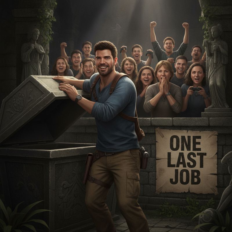 관에서 깨어난 네이선 드레이크가 다시 모험을 준비하는 모습, 'One Last Job' 플래카드와 반응이 엇갈리는 팬들.