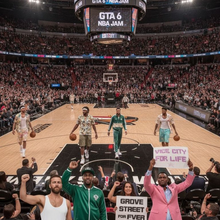 GTA 6 스타일 복장을 입은 NBA 선수들과 게임 캐릭터 코스프레를 한 팬들로 가득한 농구 경기장