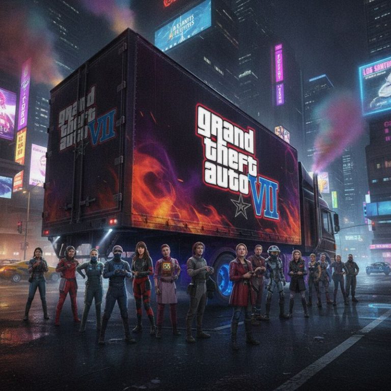 GTA 6 광고 트럭을 바라보며 복잡한 표정을 짓는 게이머들