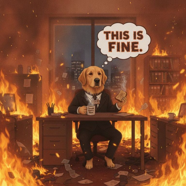 불타는 사무실에서 'OpenAI Safety Team' 강아지가 'This is fine'이라고 말하고 있음