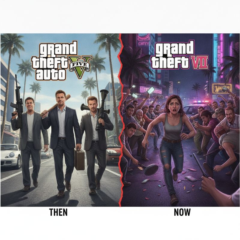 GTA 5에서는 주인공이 거리를 제패하지만, GTA 6에서는 당황한 표정으로 NPC들한테 쫓기는 주인공