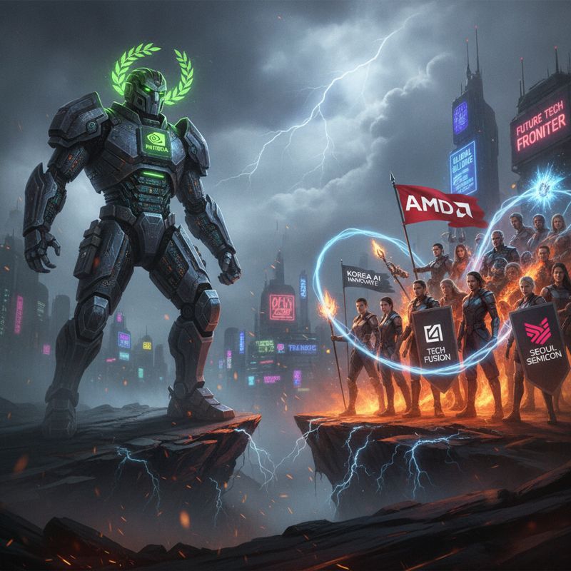 엔비디아 왕관 GPU 캐릭터와 AMD-한국 스타트업 연합이 대치하는 장면