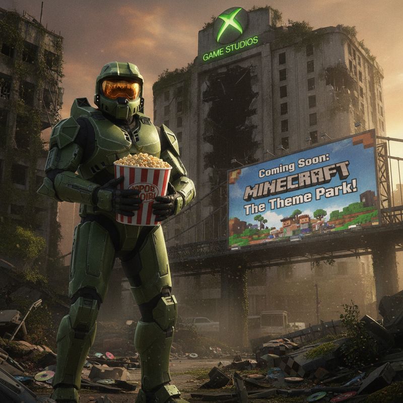 팝콘을 들고 있는 마스터 치프와 뒤에 무너진 Xbox 스튜디오, 전면에는 마인크래프트 테마파크 간판