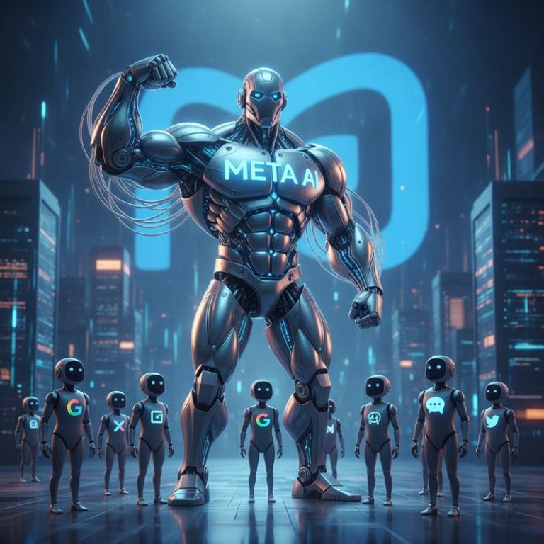 Meta 로고 앞에서 근육질 거대 챗봇이 작은 챗봇들을 내려다보는 모습