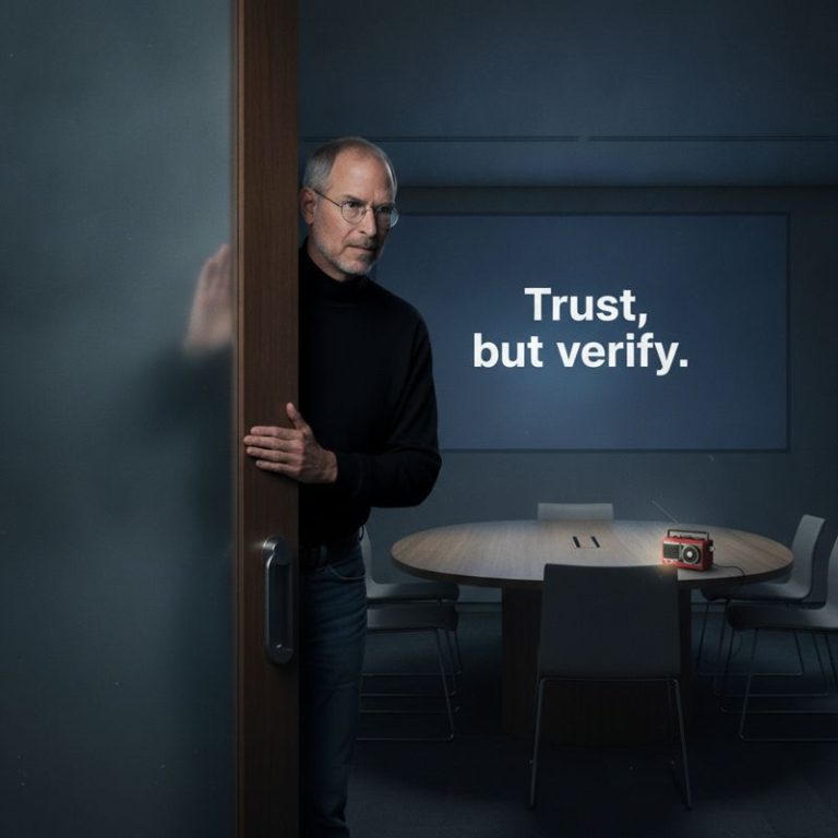 스티브 잡스가 회의실 문을 열다 녹음기와 'Trust, but verify' 문구를 봄