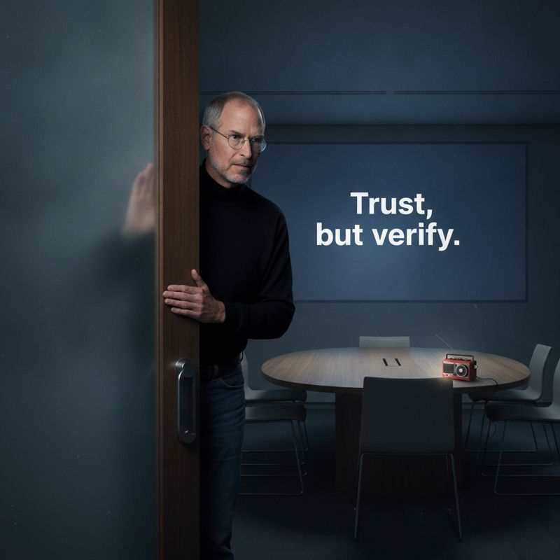 스티브 잡스가 회의실 문을 열다 녹음기와 'Trust, but verify' 문구를 봄
