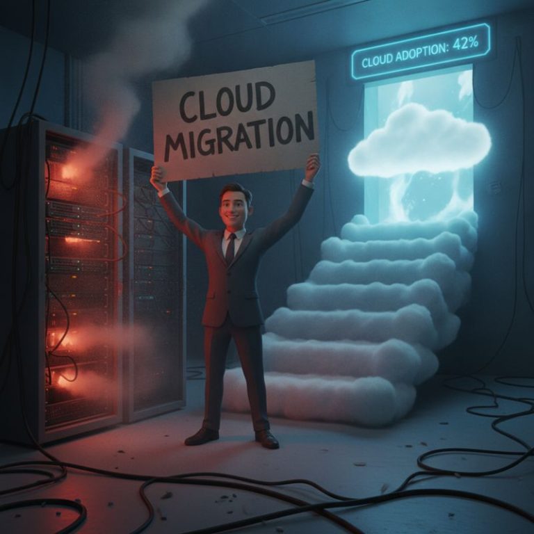 클라우드 전환을 외치는 공무원이 서 있는 오래된 서버와 42%만 올라간 계단 이미지