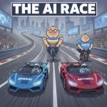 AI 경주에서 앞서가는 스포츠카(OpenAI, Anthropic), 멀리 뒤에 구글과 메타가 느린 탈것을 탄 모습