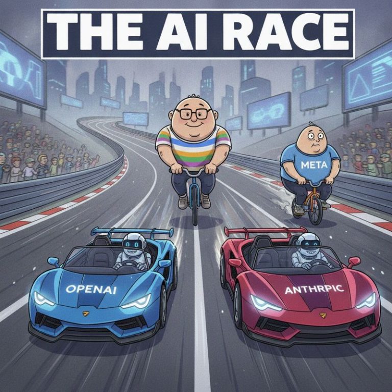AI 경주에서 앞서가는 스포츠카(OpenAI, Anthropic), 멀리 뒤에 구글과 메타가 느린 탈것을 탄 모습